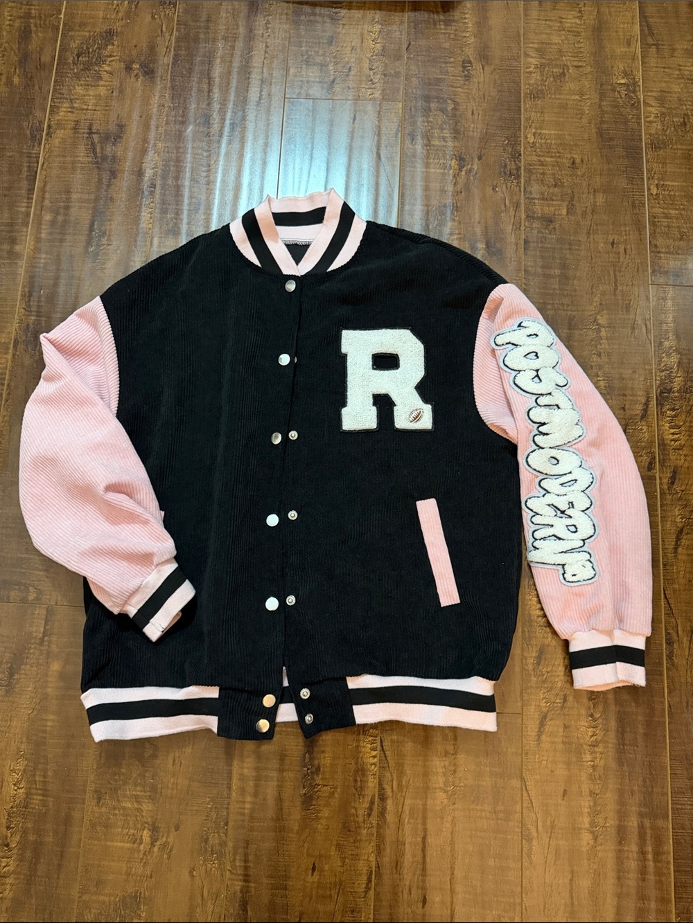 SHEIN Black & Pink Corduroy Letterman Bomber Jacket